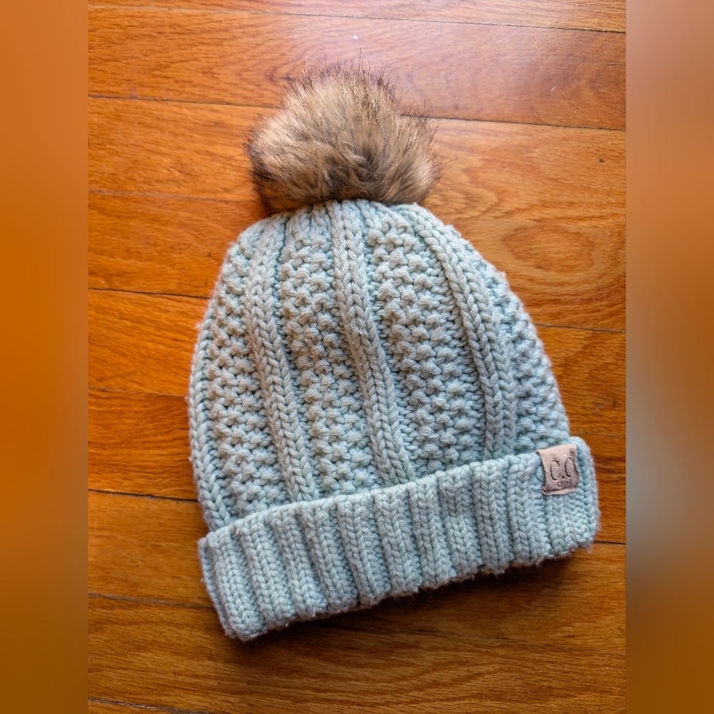 Kids Light Blue Pompom CC Beanie